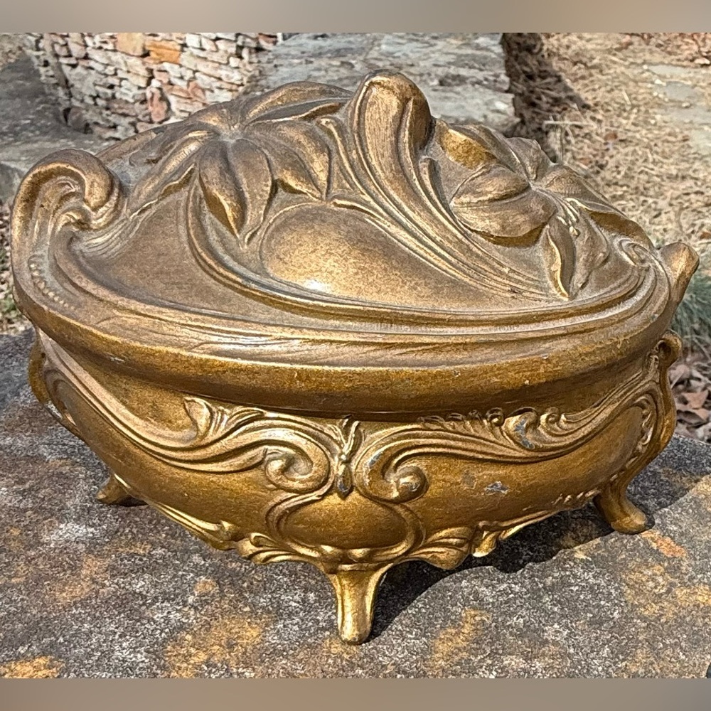 Vintage Art Nouveau Gold Floral Cast Metal Footed Jewelry Trinket Box Ornate